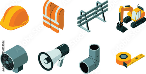 Isometric construction equipment icons set with helmet, vest, excavator, megaphone, pipe, measuring tape vector illustration collection