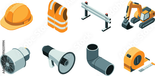 Isometric construction safety equipment set with helmet, vest, excavator, megaphone, pipe, measuring tape vector illustration icons