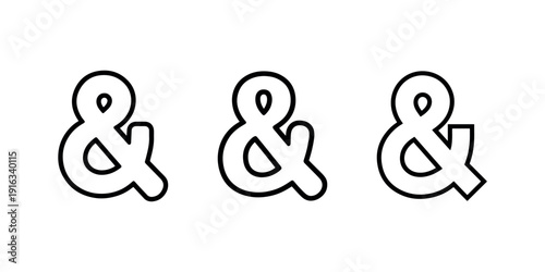 Ampersand symbol set featuring three different outline styles of typographic ligature sign for graphic design branding and decorative grammar punctuation
