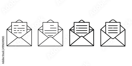 Email envelope icon set showing letter inside for communication concept with four different line styles and document details for web message interface