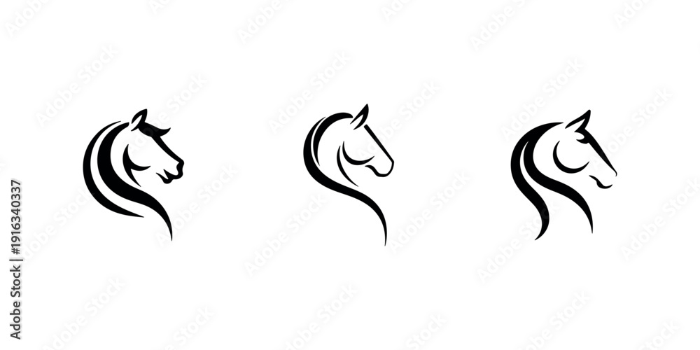 Obraz premium Horse head profile silhouettes with elegant flowing mane for equestrian sport and stallion breeding or animal mascot logo design isolated on white background