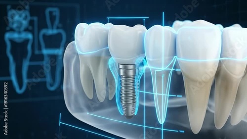 Dental implant blueprint showing crown, abutment, and screw anchored in jawbone with gum overlay on illuminated grid background — precise, medical 3d rendering for dentistry
