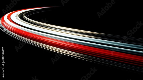 Dynamic, abstract swirl of vibrant red, white, silver, and black streaks against a dark background