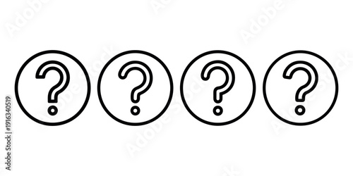 Set of four black outline question mark icons inside circles arranged in horizontal line on white background for user interface and support help concept