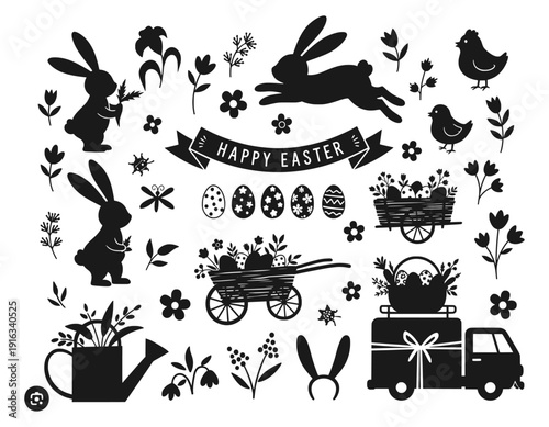 Happy Easter rabbit and spring holiday icons set isolated on white background, decorative seasonal illustration collection concept