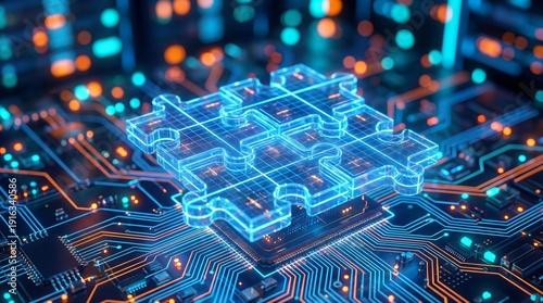 Puzzle pieces forming a complete unit on a circuit board representing technological integration