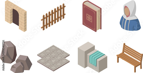 Isometric medieval icons set with stone arch, wooden fence, book, rocks, bench, character, environment elements illustration vector