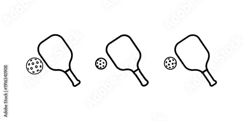 Pickleball paddle and ball set icon vector isolated on white background with simple black line style for sports equipment and recreation activity design