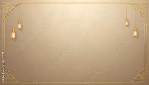 Elegant Golden Background with Hanging Lanterns and Decorative Border for Festive Occasions.