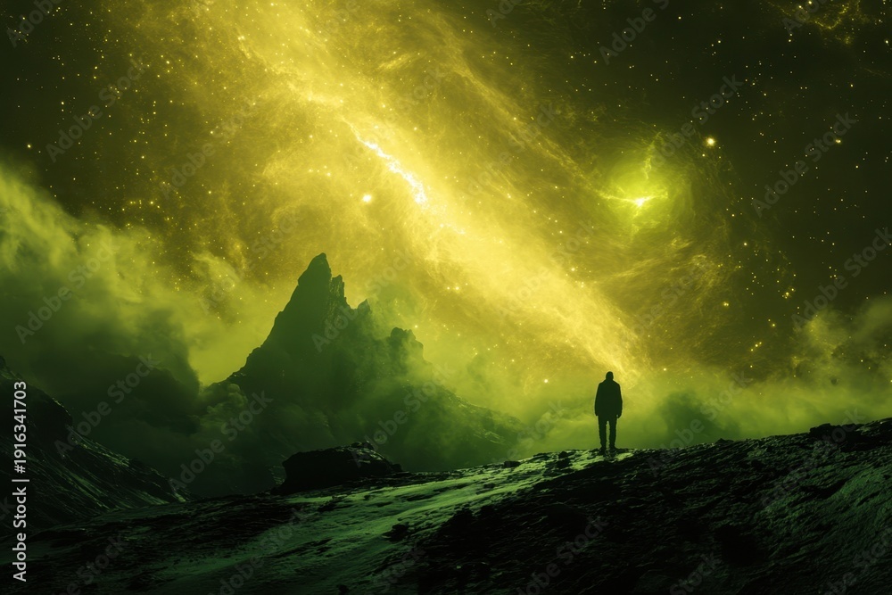 Fototapeta premium Person standing on rocky terrain under a vivid green cosmic sky at night