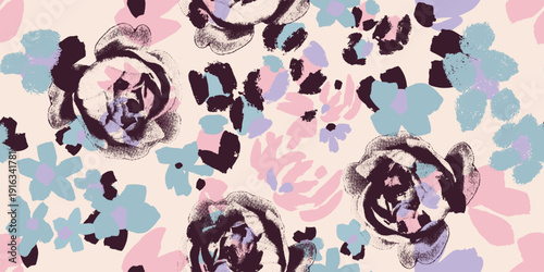 Seamless floral vector pattern with expressive layered roses and abstract blooms in teal, plum, pink and black on a warm beige base.  Ideal for luxury apparel, scarves and sophisticated print design