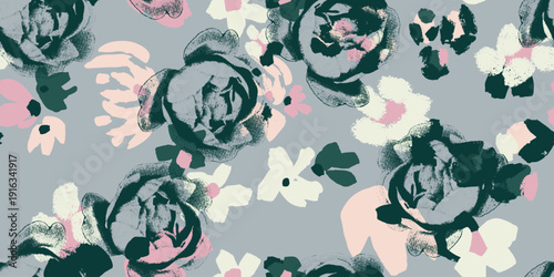 Seamless floral vector pattern with moody painterly roses and delicate abstract blooms in deep teal, soft pink, cream and charcoal on a muted grey base