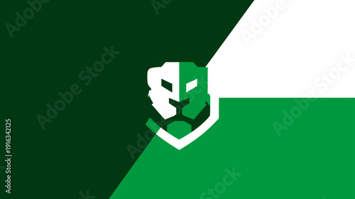Abstract geometric lion head shield emblem on a split green and white background, modern graphic design element.