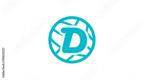 Abstract teal letter D in a dynamic shattered circular frame. Geometric initial symbol on a clean white background, modern graphic design element.