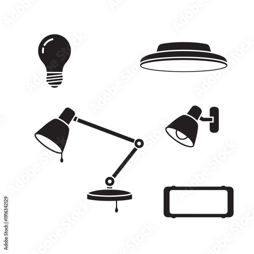 Lamp icon collection. Includes table lamp, floor lamp, desk lamp, wall lamp, light bulb, ceiling light. Created in simple black style with white accents.