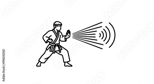 Karate fighter performing a powerful punch with energy waves emanating from hand, black and white line art