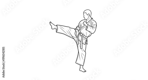 Karate fighter performing a side kick in a dojo, black and white line art