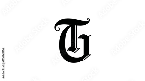 Elegant Blackletter TG Monogram Design. Stylized Initial Letters T and G Combined in Vintage Gothic Font, Isolated on White
