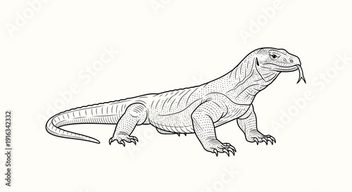 Komodo Dragon Line Drawing - Realistic Illustration of a Large Lizard