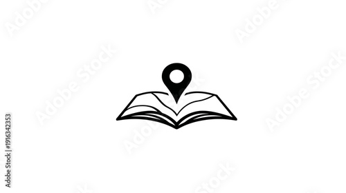 Open book with location pin icon. Symbol for educational travel, knowledge discovery, guidebooks, storytelling, and local information.