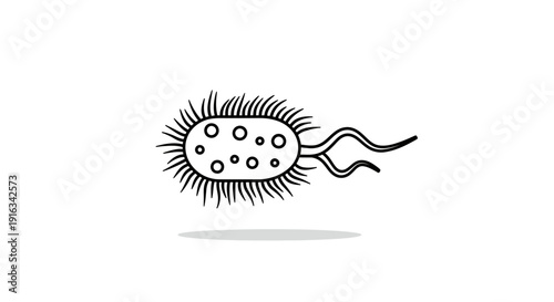 Hand-drawn illustration of a bacterium with flagella, isolated on white background