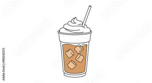 Hand-drawn iced coffee with whipped cream and straw, simple line art illustration