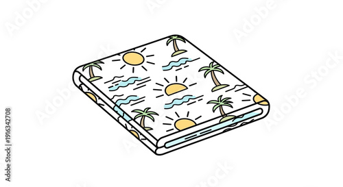 Folded Beach Towel with Tropical Pattern: Sun, Palm Trees, and Waves