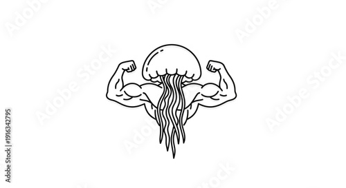 Funny Jellyfish flexing muscles, cartoon style, white background, fitness concept