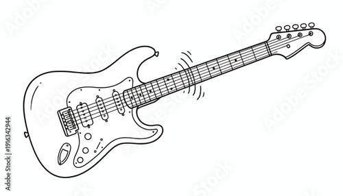 Electric Guitar Drawing with Sound Waves, Black and White Line Art