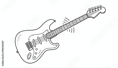 Electric Guitar Illustration, Sound Waves, Music Concept, Black and White Drawing