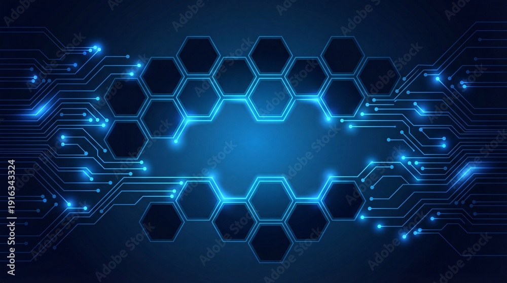 Fototapeta premium Neon blue circuit board design with glowing hexagonal patterns symbolizing high tech innovation