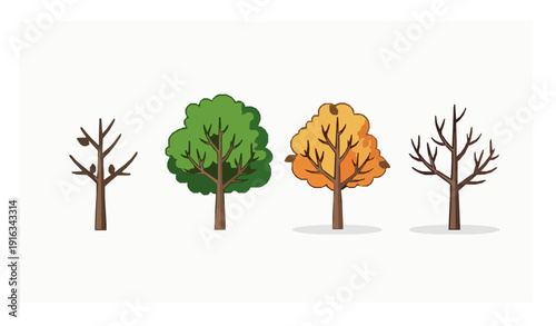 Cartoon four season tree set with spring summer autumn and winter trees in flat vector style