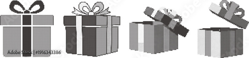 Set of four black and white halftone gift boxes with bows, two closed and two partially open