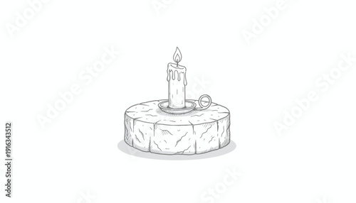 Burning Candle on Stone Pedestal, Vintage Style, Soft Light, Isolated on White Background