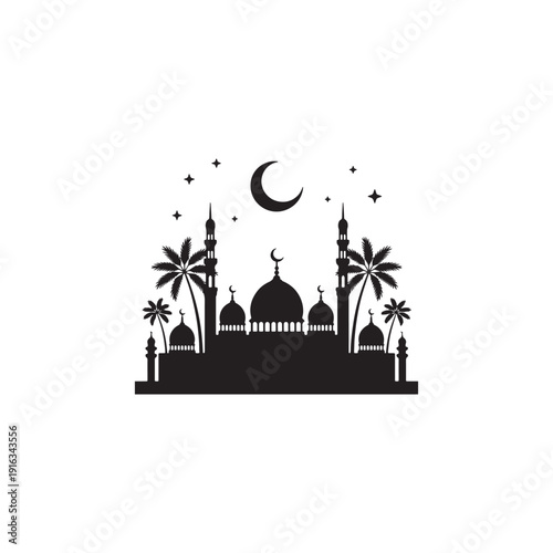 Ramadan Kareem Night Scene Vector - Black and White Clipart Silhouette