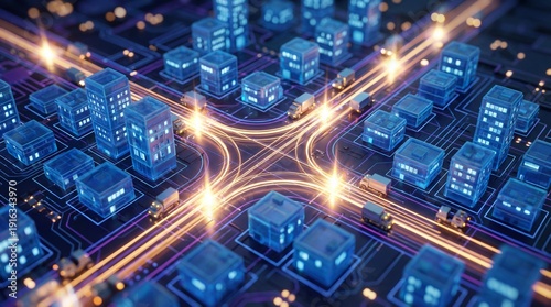 Futuristic cityscape with glowing blue buildings and neon transportation routes on a circuit board