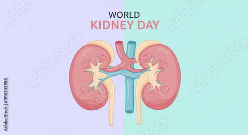 World kidney day illustration of human kidneys with ureters and blood vessels on purple blue background