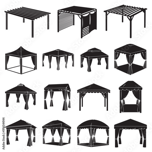 Patio gazebo icon collection. Includes various gazebo styles and structures. Created in black line style with simple design.