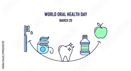 World oral health day march 20 illustration with toothbrush toothpaste tooth mouthwash and apple for healthy dental care