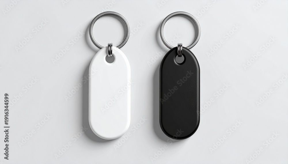 Fototapeta premium Minimal oval keychain mockup in black and white color with metal ring. Clean isolated product template for branding, logo placement, merchandise design, and promotional accessories.