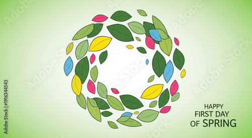 Colorful leaves wreath with happy first day of spring text on green background
