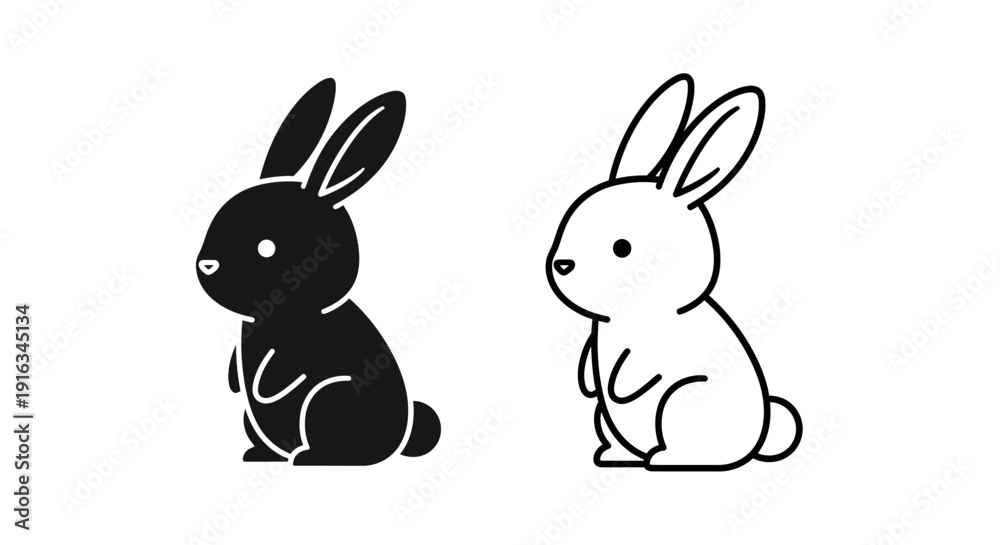 Fototapeta premium Two black and white cartoon rabbits sitting on the ground Vector