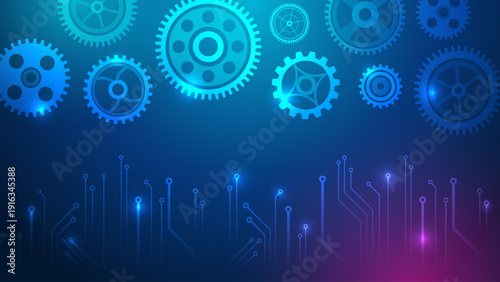 Abstract technology background with glowing mechanical gears and circuit lines in blue and purple tones, symbolizing engineering, automation, innovation, and digital systems.