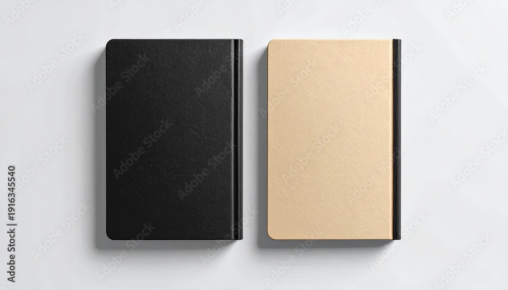 Fototapeta premium Top view spiral notebook mockup featuring beige and black covers on a clean minimal background. Ideal for branding presentation, stationery design, education themes, and product mockups.