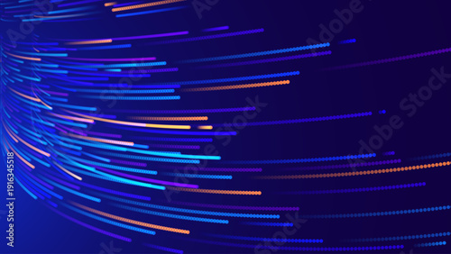 Abstract Digital Data Flow Vector Background. Big Data Technology Lines. 5G Wireless Fast Data Transmission. High Speed of Fiber Optics Light Trails. Information Flow in Virtual Reality Cyberspace.