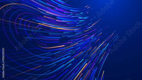 Abstract Digital Data Flow Vector Background. Big Data Technology Lines. 5G Wireless Fast Data Transmission. High Speed of Fiber Optics Light Trails. Information Flow in Virtual Reality Cyberspace.