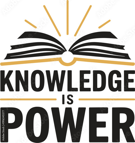 A motivational logo that reads Knowledge is Power with an open book and sunburst