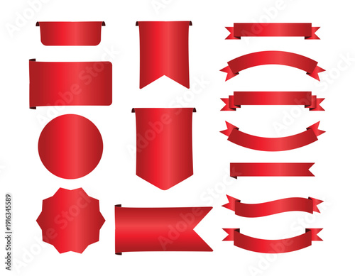 Tableau sur toile Collection of Red Ribbon Banners, Badges, and Vertical Tags with Satin Finish