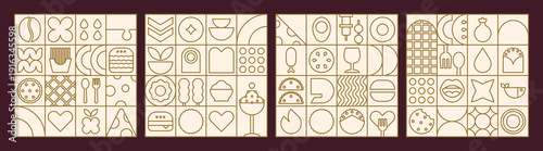Geometric mosaic set retro pattern with fast food line delivery.
