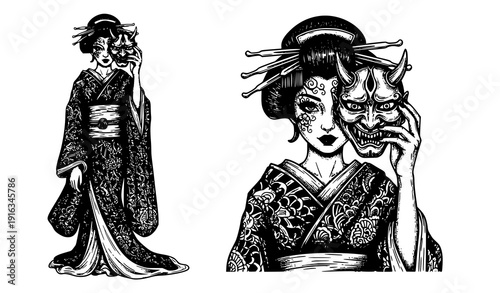 Japanese Geisha Full Body with Devil Mask Old School Engraving Style Vector Bundle
